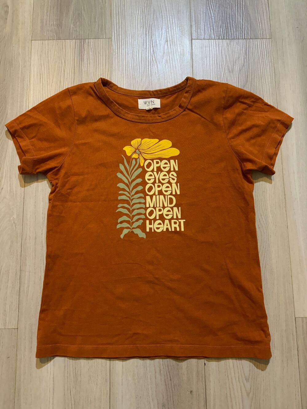 WVN For You Graphic Tee Small Terracotta Rust Orange Open Eyes Open Mind Flower